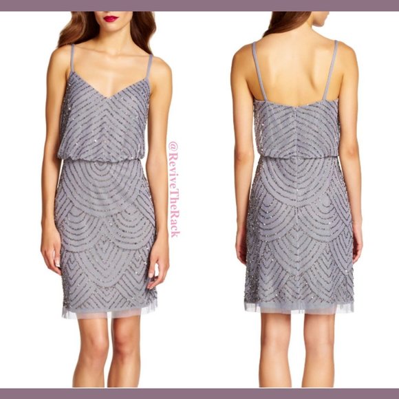 NEW Adrianna Papell Art Deco Sequin Blouson Dress in Grey/Silver [SZ‎ 4 ] - Picture 3 of 11
